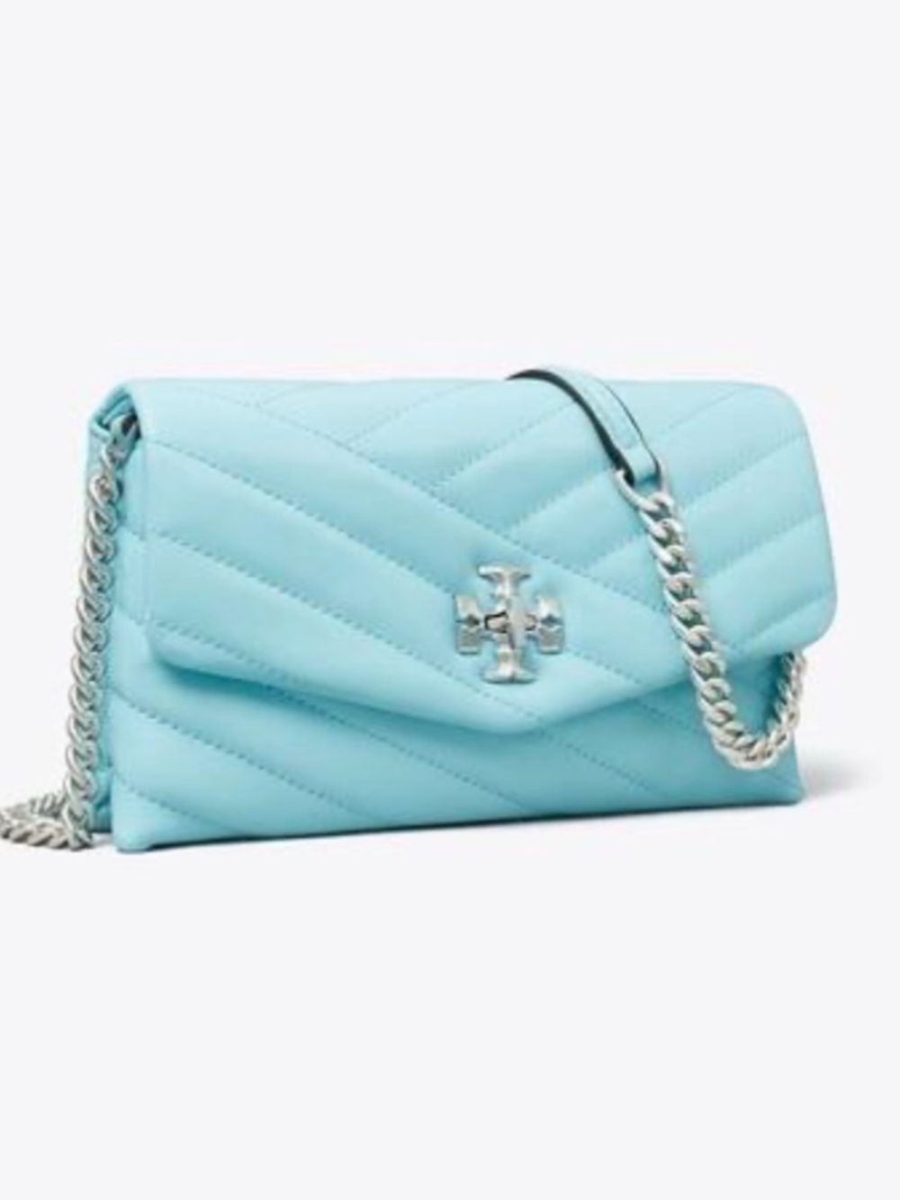 Tory Burch Kira Chevron Crossbody Chain Wallet WOC Light Celeste NWT